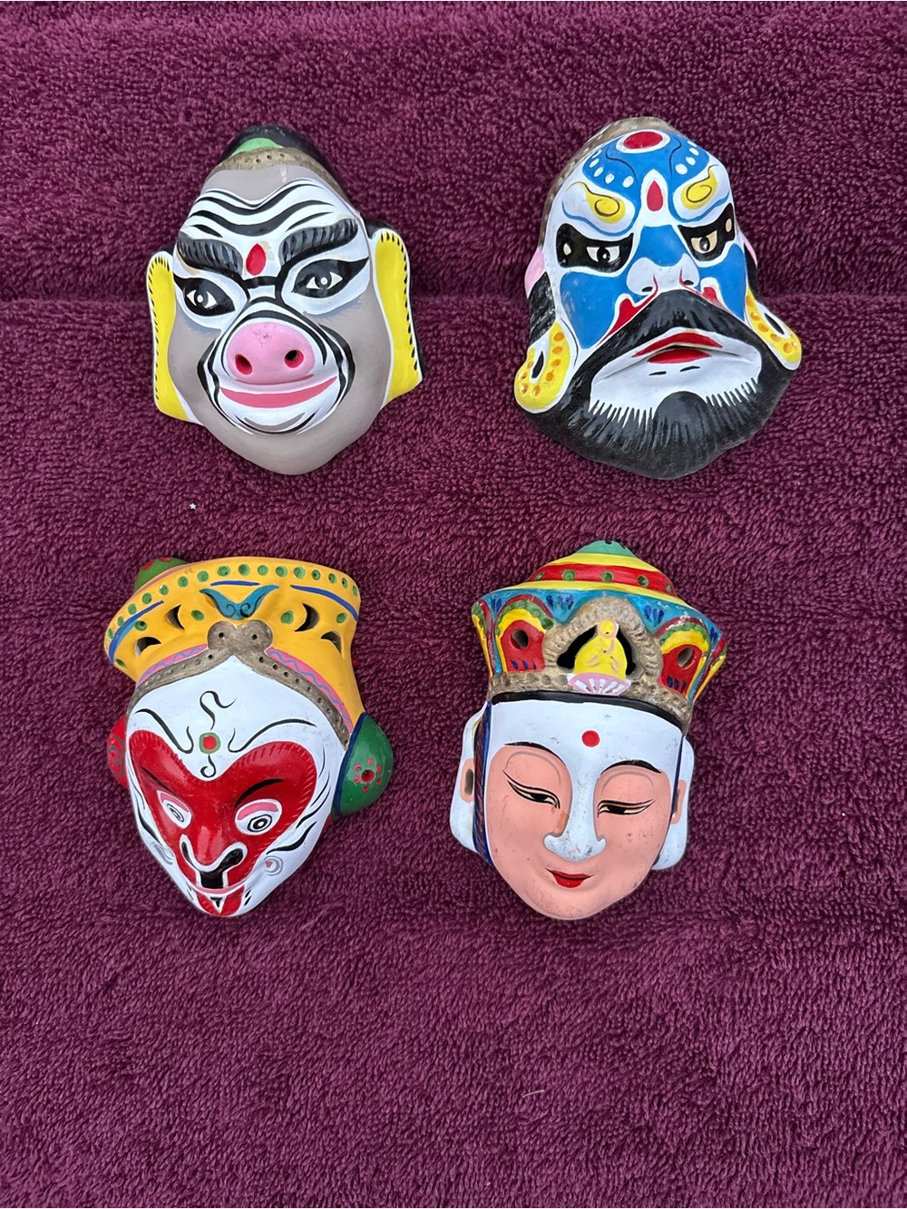 Hand-Painted Decorative Clay Chinese Opera Masks Vintage, Set of 4